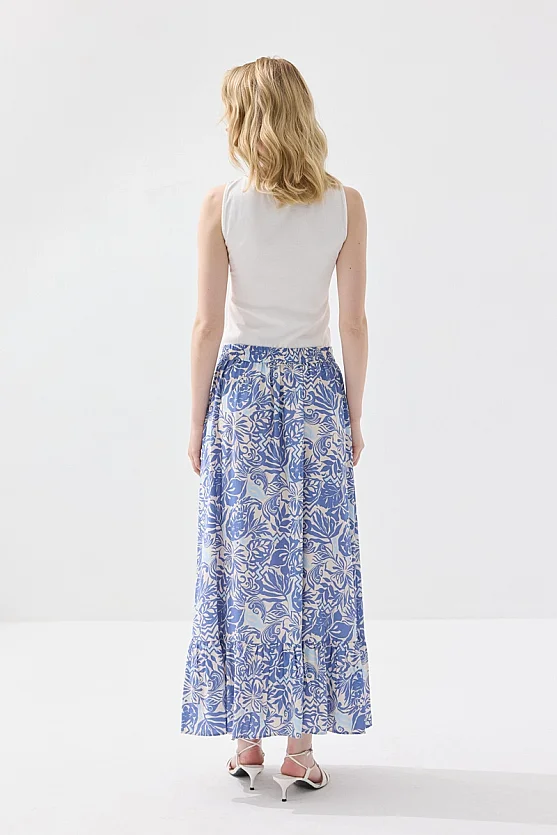 Patterned Long Viscose Skirt with Tie Belt - Blue - Gusto