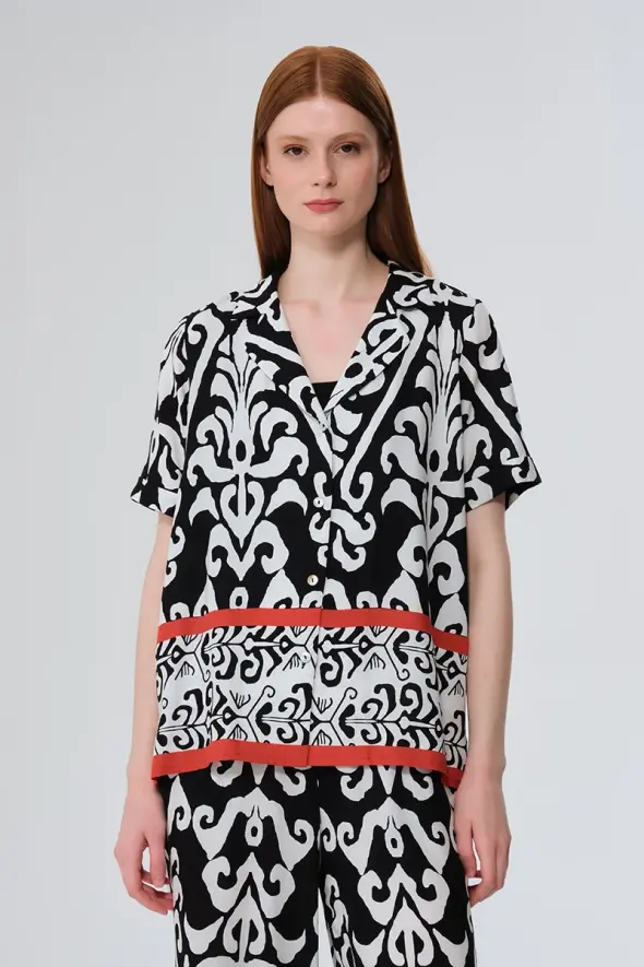Patterned Low Sleeve Blouse - Black - 1