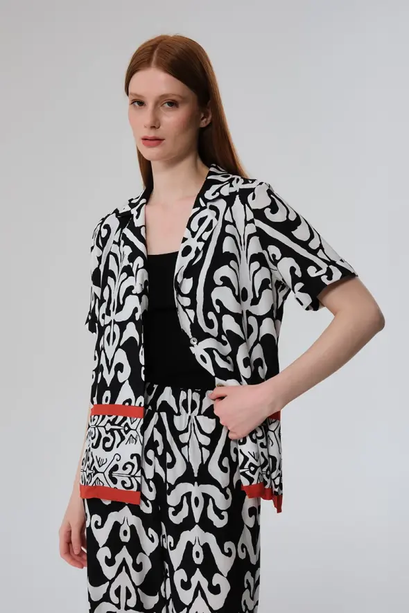 Patterned Low Sleeve Blouse - Black - 3