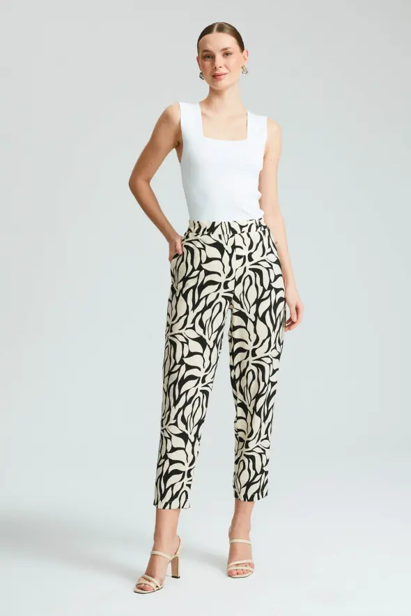 Patterned Pants with Elastic Waist - Black - 4