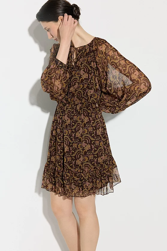 Patterned Rayon Chiffon Dress - Brown - Gusto