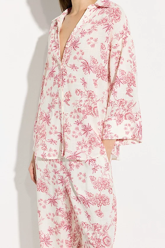 Patterned Relaxed Fit Linen Shirt - Pink - 5