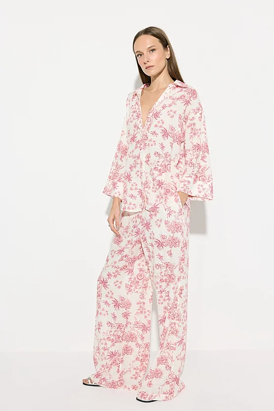 Patterned Relaxed Fit Linen Shirt - Pink - Gusto