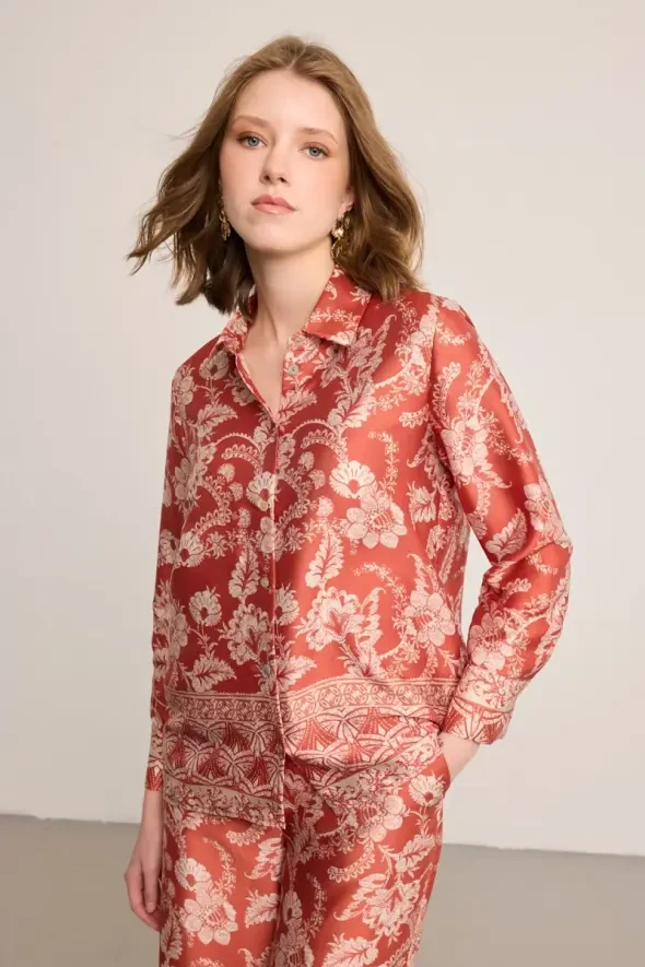 Patterned Satin Shirt - Brick - Gusto