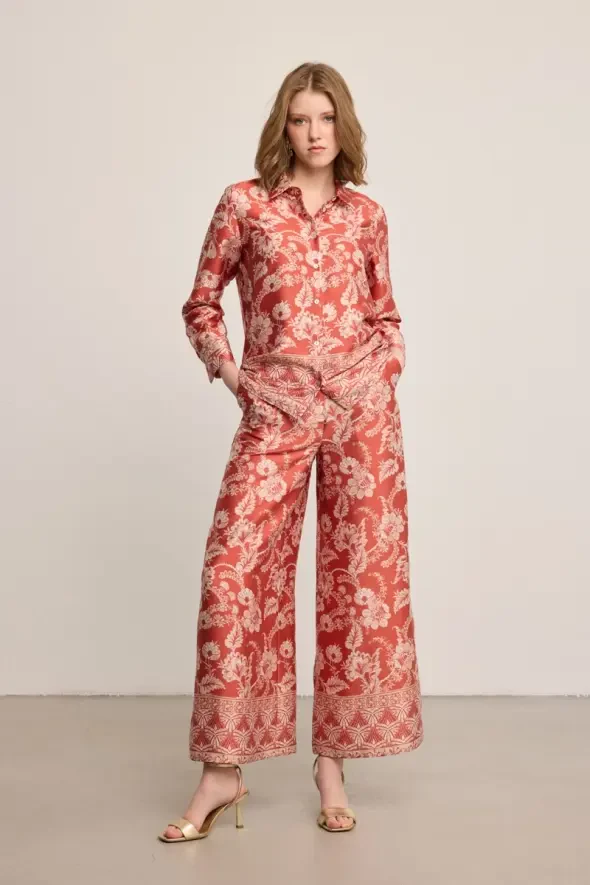 Patterned Satin Shirt - Brick - Gusto