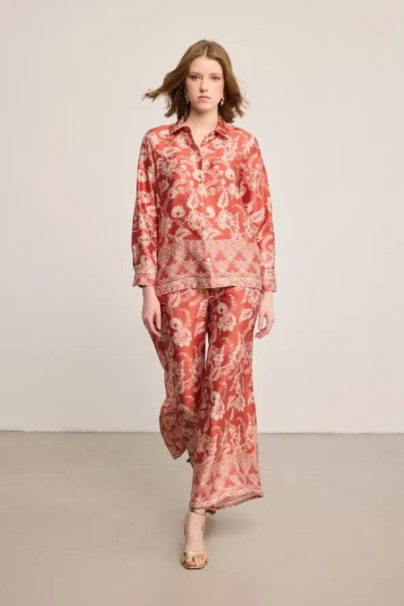 Patterned Satin Shirt - Brick - Gusto