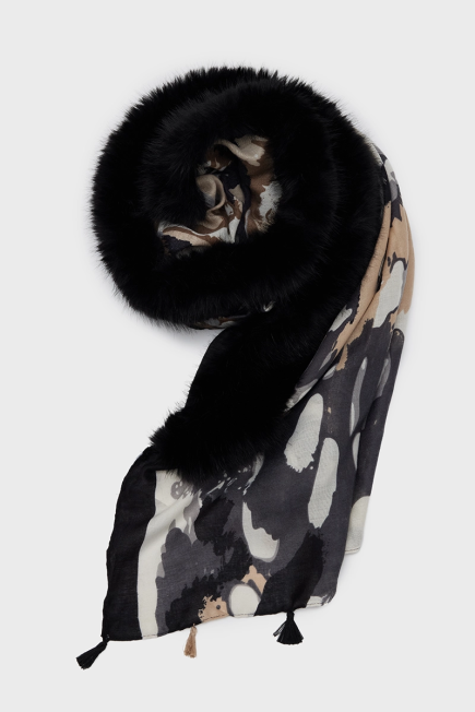 Patterned Shawl with Fur - Black Black