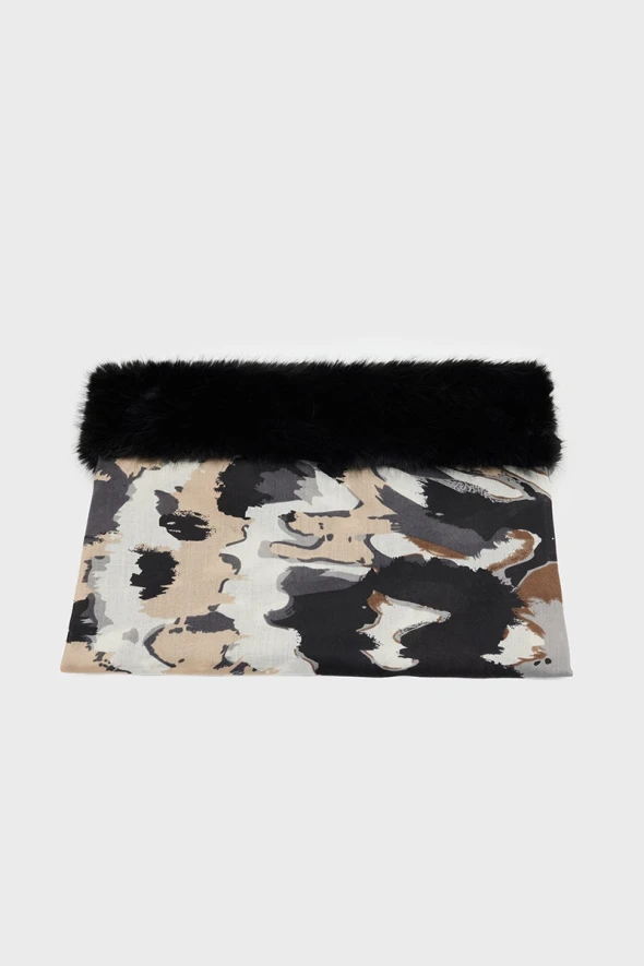 Patterned Shawl with Fur - Black - 2