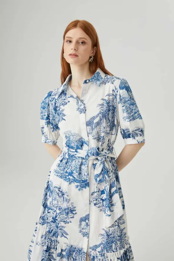 Patterned Shirt Dress - Blue - 3