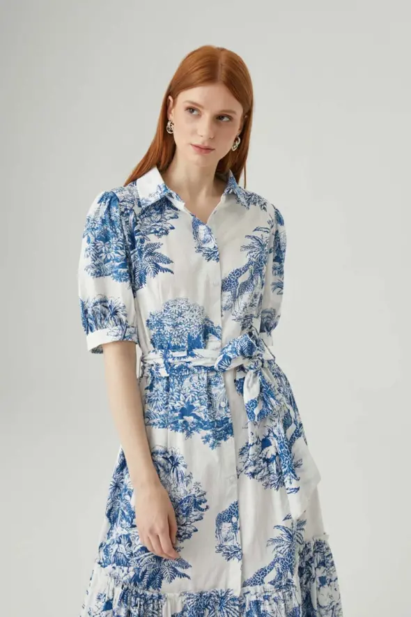 Patterned Shirt Dress - Blue - 4