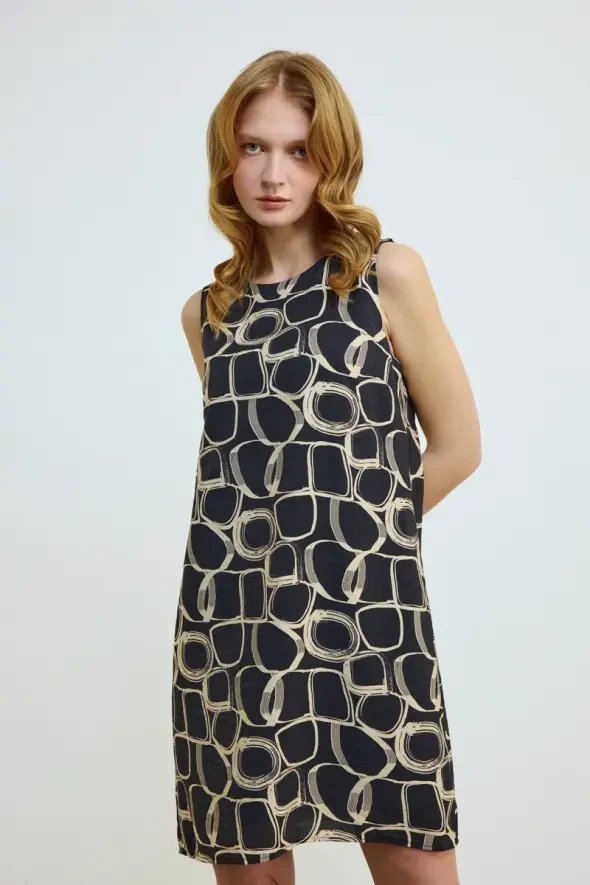 Patterned Sleeveless Dress - Black - 2