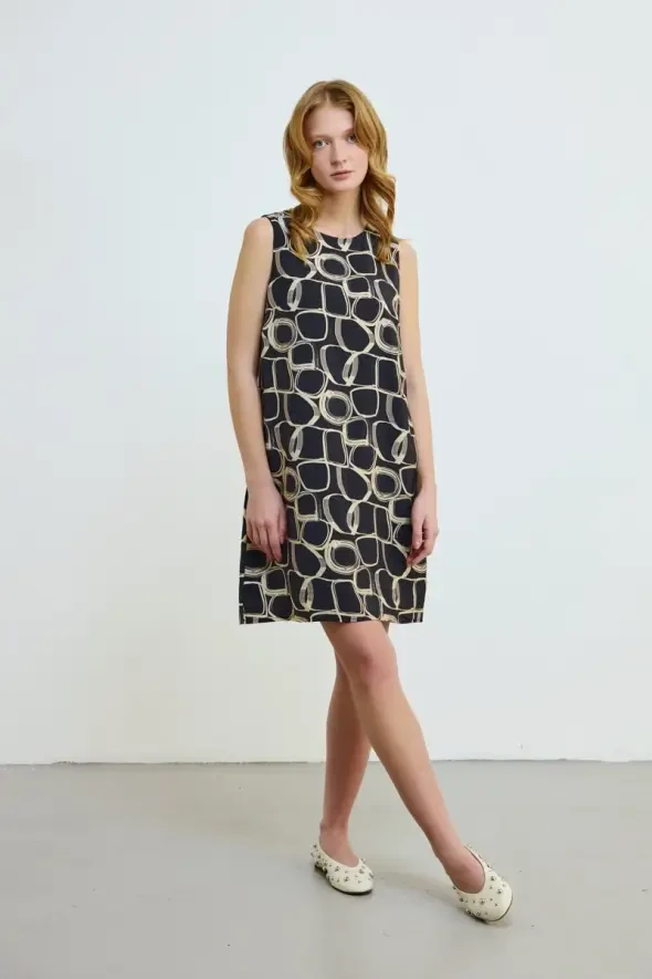Patterned Sleeveless Dress - Black - 1