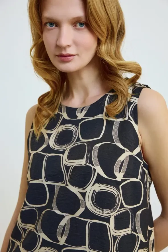 Patterned Sleeveless Dress - Black - 3
