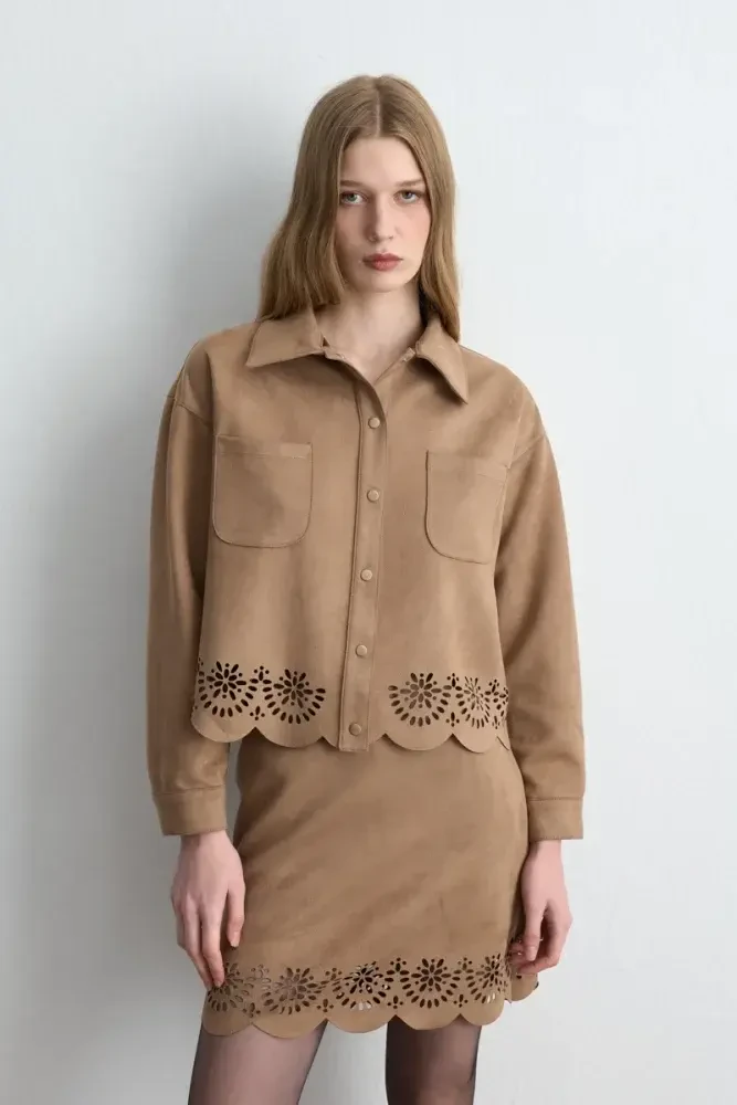 Patterned Suede Shirt Jacket - Camel Camel