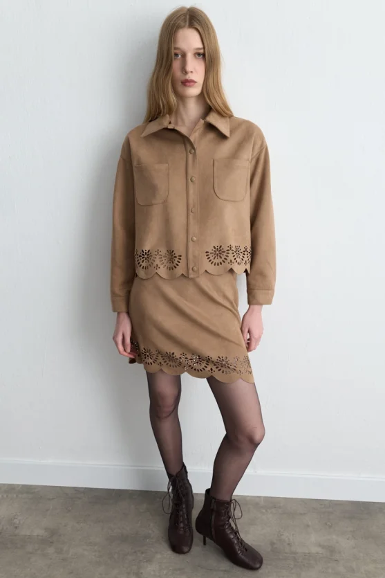 Patterned Suede Shirt Jacket Camel - 4
