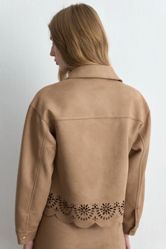 Patterned Suede Shirt Jacket Camel - 5