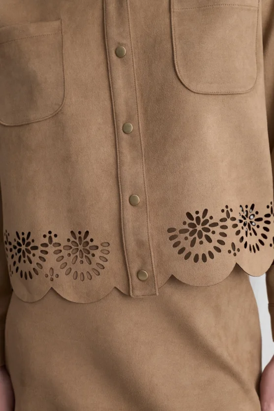 Patterned Suede Shirt Jacket Camel - Gusto