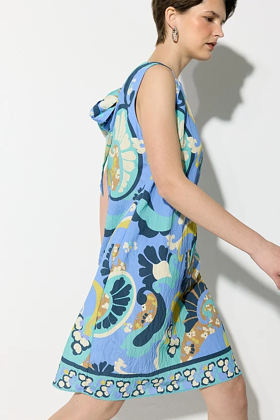 Patterned Viscose Dress with Back Tie Detail - Blue - Gusto