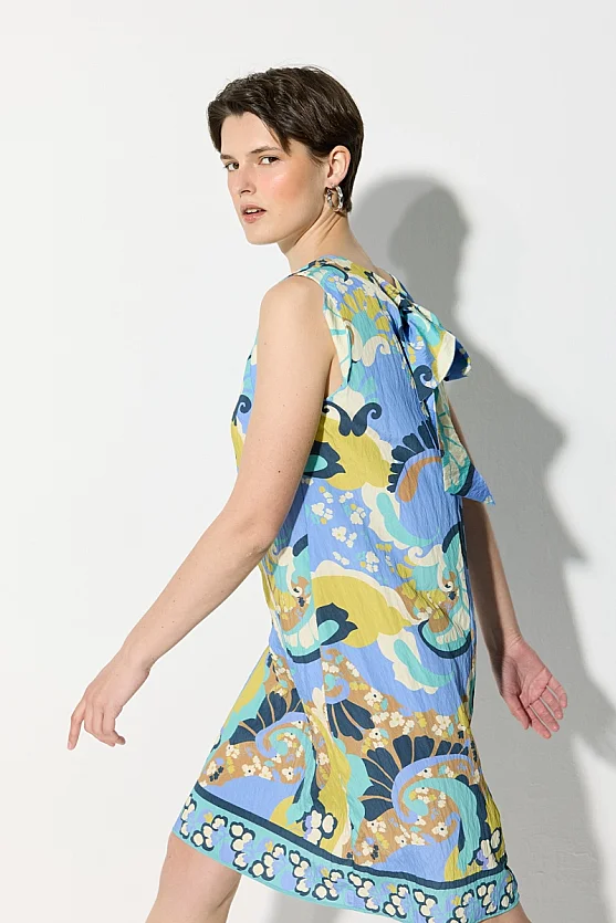 Patterned Viscose Dress with Back Tie Detail - Blue - 5