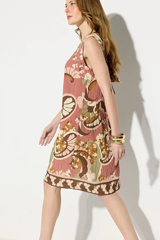 Patterned Viscose Dress with Back Tie Detail - Pink - Gusto