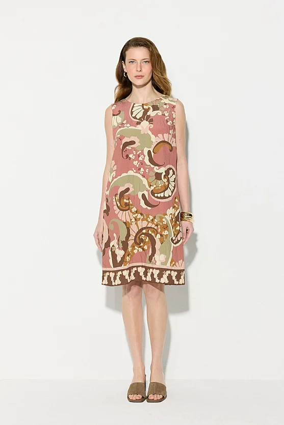 Patterned Viscose Dress with Back Tie Detail - Pink - Gusto
