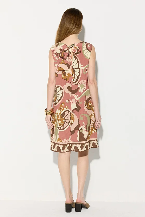 Patterned Viscose Dress with Back Tie Detail - Pink - Gusto