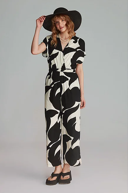 Patterned Viscose Jumpsuit - Black - Gusto