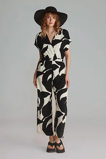 Patterned Viscose Jumpsuit - Black - Gusto