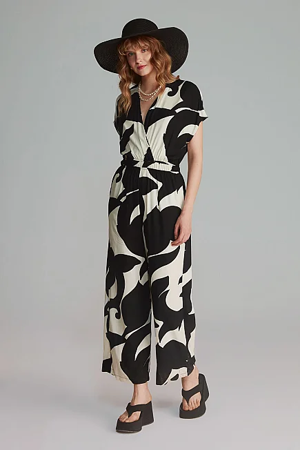 Patterned Viscose Jumpsuit - Black - Gusto