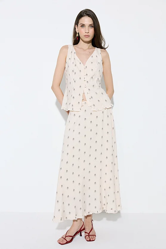 Patterned Viscose Long Skirt - Beige - Gusto