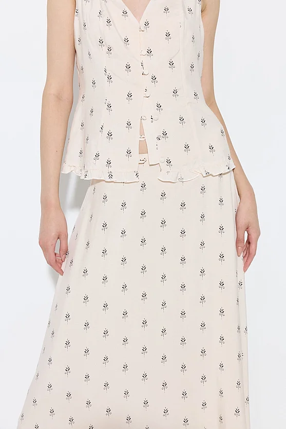 Patterned Viscose Long Skirt - Beige - Gusto