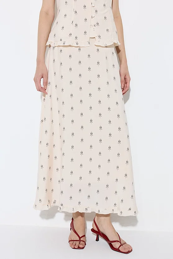 Patterned Viscose Long Skirt - Beige - Gusto