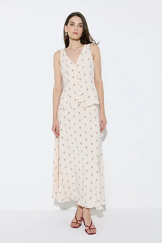 Patterned Viscose Long Skirt - Beige - Gusto