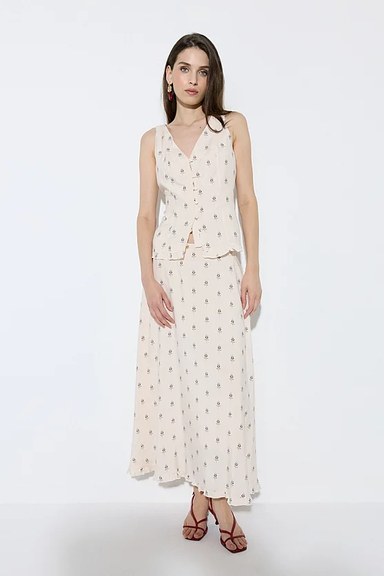 Patterned Viscose Long Skirt - Beige - Gusto