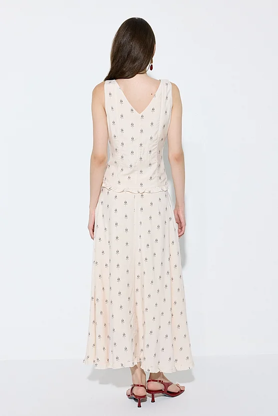 Patterned Viscose Long Skirt - Beige - Gusto
