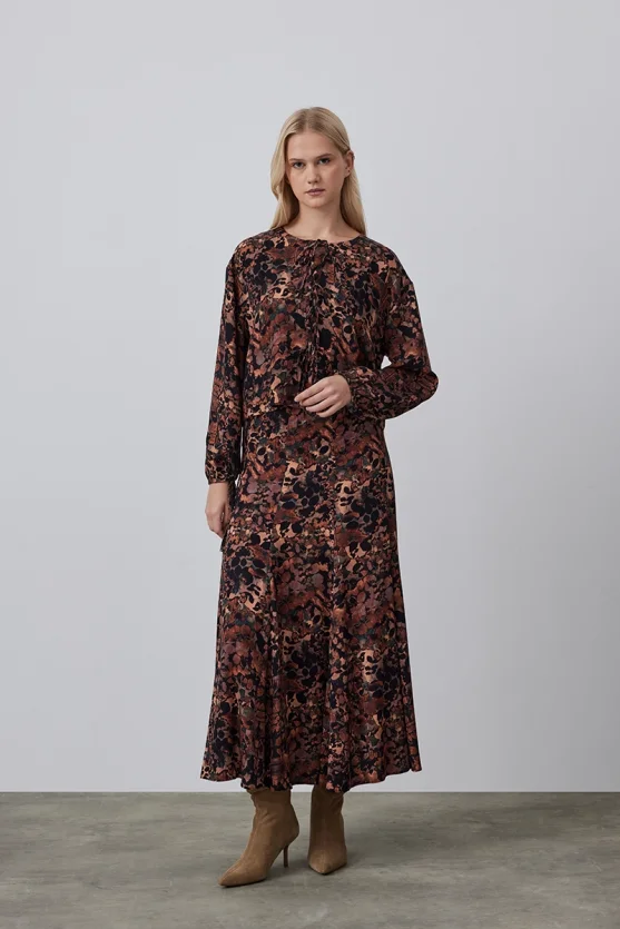 Patterned Viscose Long Skirt - Camel - 1