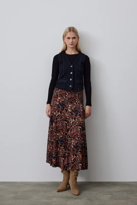 Patterned Viscose Long Skirt - Camel - Gusto