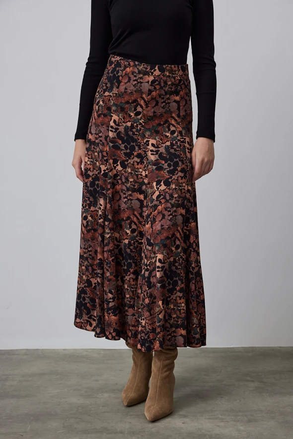 Patterned Viscose Long Skirt - Tan - 2