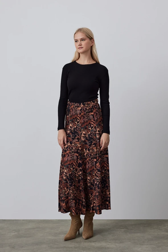 Patterned Viscose Long Skirt - Tan - 4