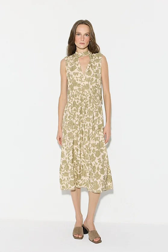 Patterned Viscose Midi Dress with Scarf Detail - Green - 2