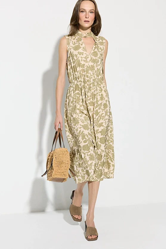 Patterned Viscose Midi Dress with Scarf Detail - Green - 1