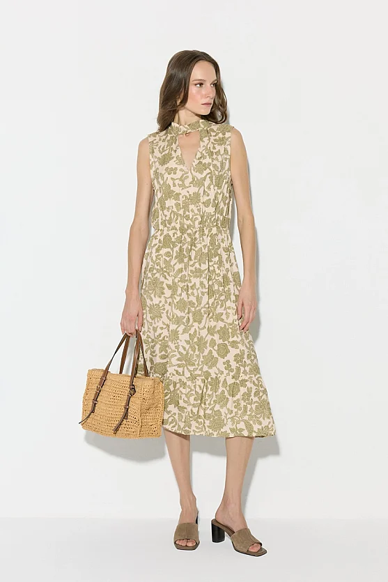 Patterned Viscose Midi Dress with Scarf Detail - Green - 3