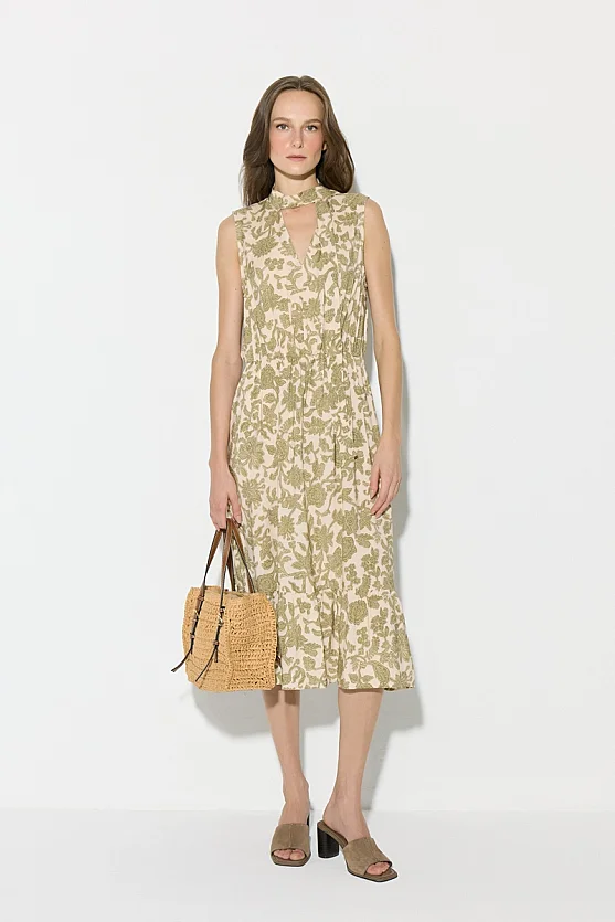 Patterned Viscose Midi Dress with Scarf Detail - Green - 4