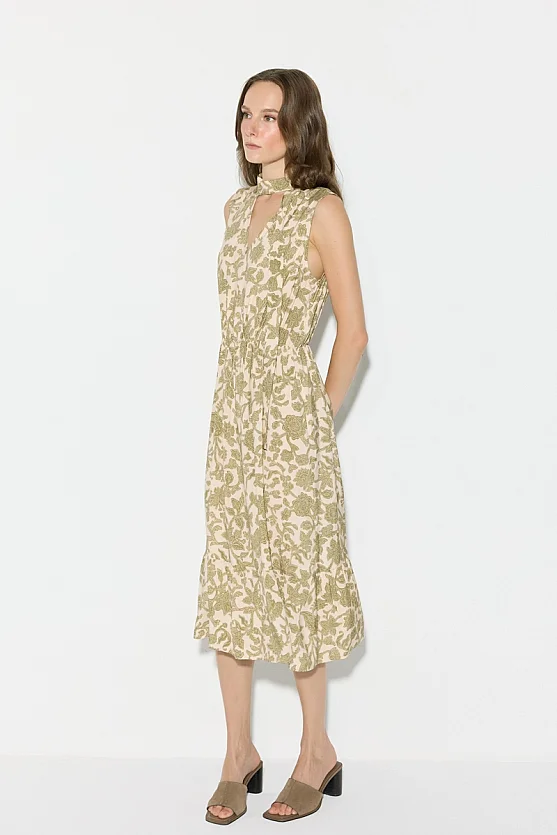 Patterned Viscose Midi Dress with Scarf Detail - Green - 6
