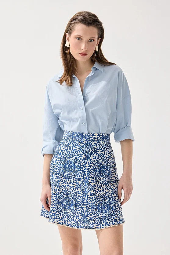 Patterned Viscose Mini Skirt - Navy Blue - 5