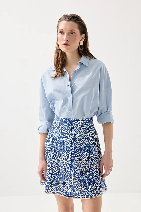 Patterned Viscose Mini Skirt - Navy Blue - Gusto