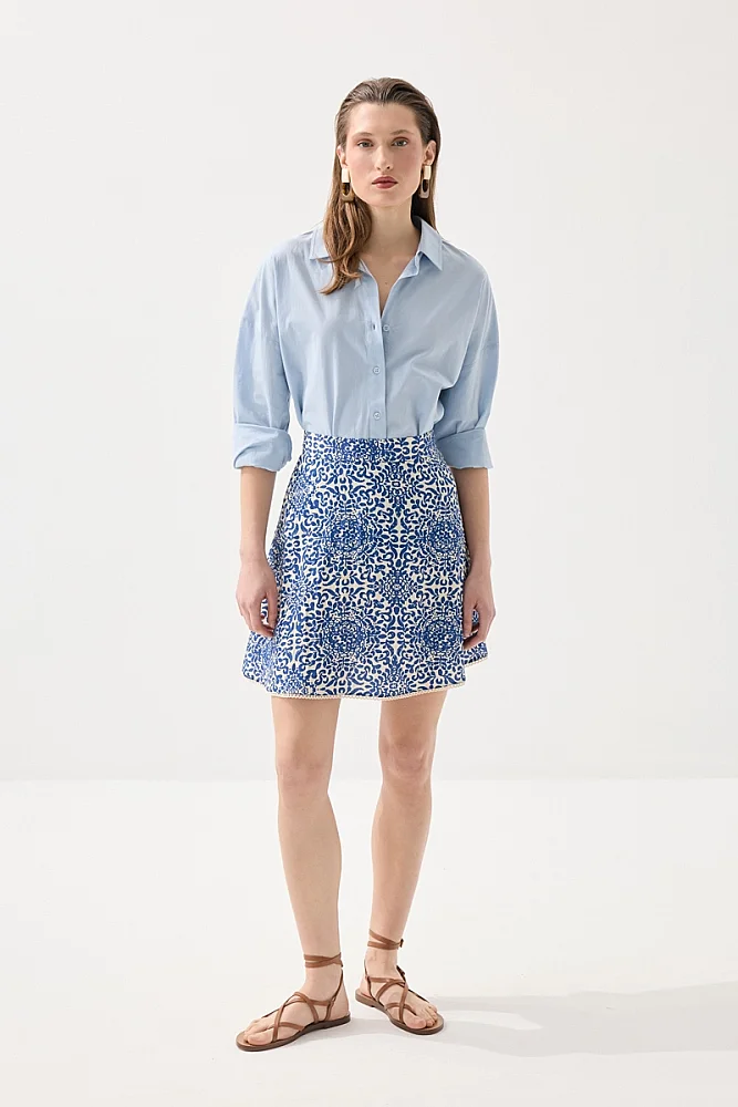 Patterned Viscose Mini Skirt - Navy Blue Navy Blue