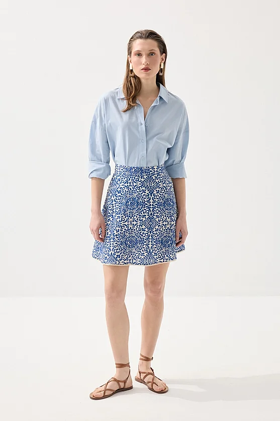 Patterned Viscose Mini Skirt - Navy Blue - Gusto