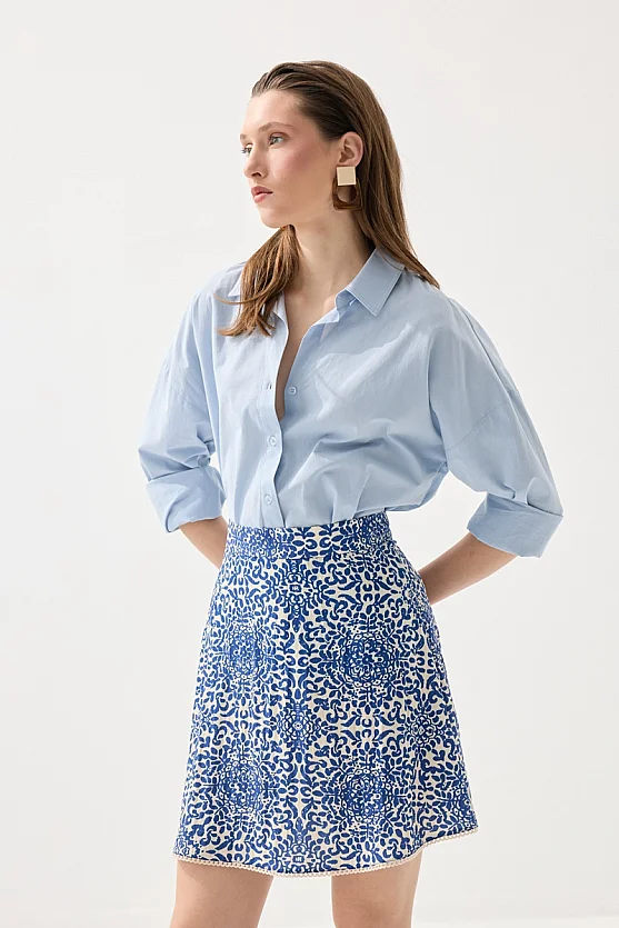 Patterned Viscose Mini Skirt - Navy Blue - 4