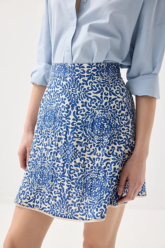 Patterned Viscose Mini Skirt - Navy Blue - Gusto